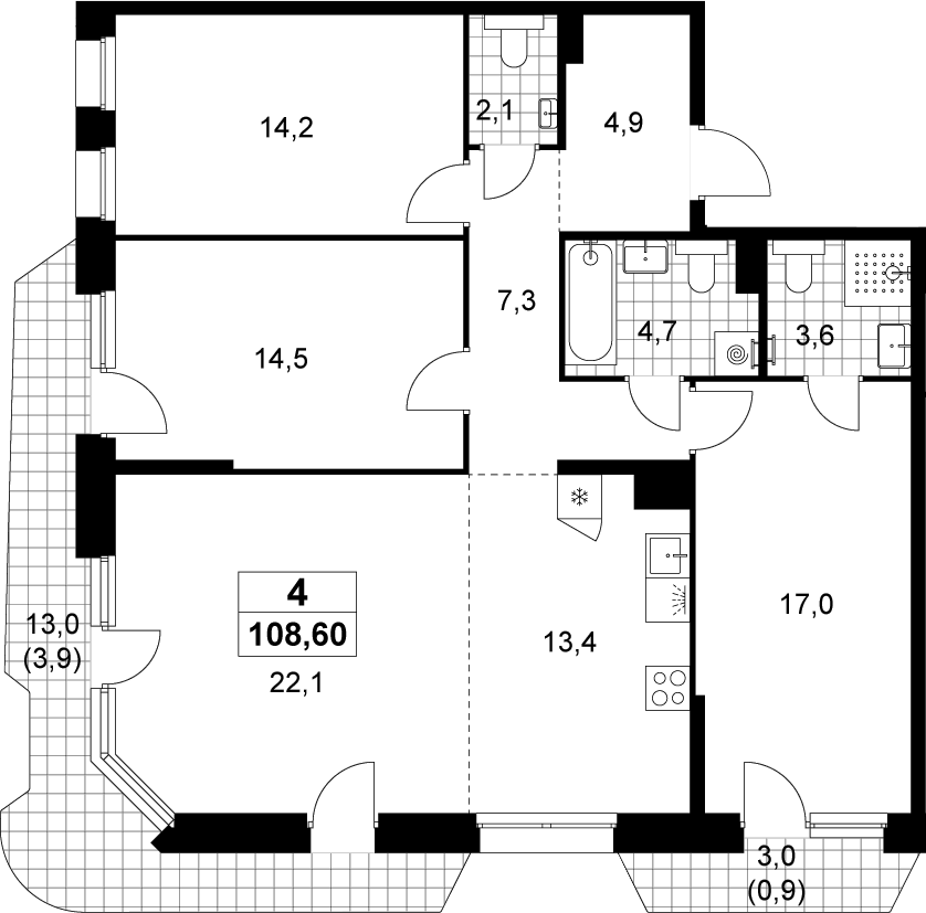 4+ комнаты, 103.8 м², 3/14 этаж, ЖК «Прокшино»
