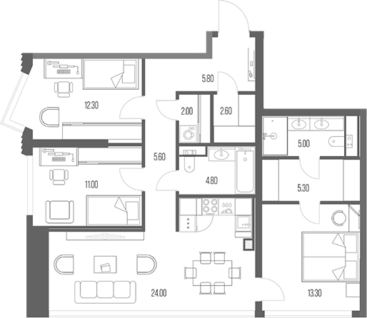 3-комн., 91.7 м², 21/54 этаж, ЖК «Северный Порт»
