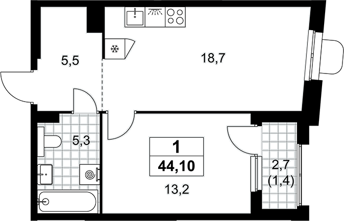 2-комн., 42.7 м², 9/16 этаж, ЖК «Прокшино»