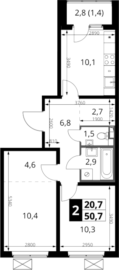 2-комн., 49.3 м², 2/25 этаж, ЖК «1-й Южный»