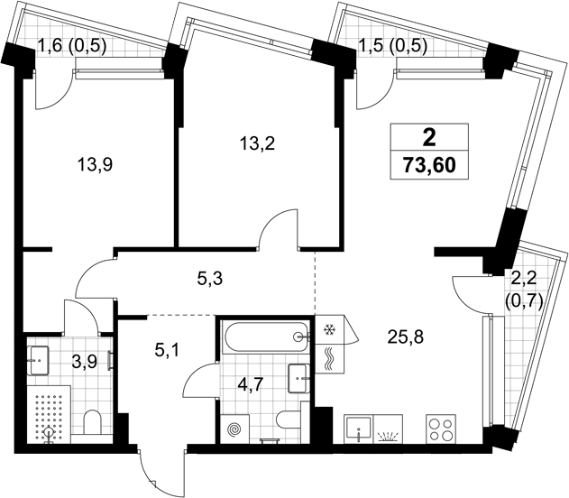3-комн., 71.9 м², 3/6 этаж, ЖК «Хольм»
