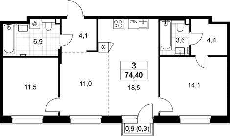 3-комн., 74.1 м², 5/8 этаж, ЖК «Хольм»