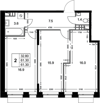 2-комн., 61.3 м², 3/3 этаж, ЖК «Кореневский Форт 2.3»