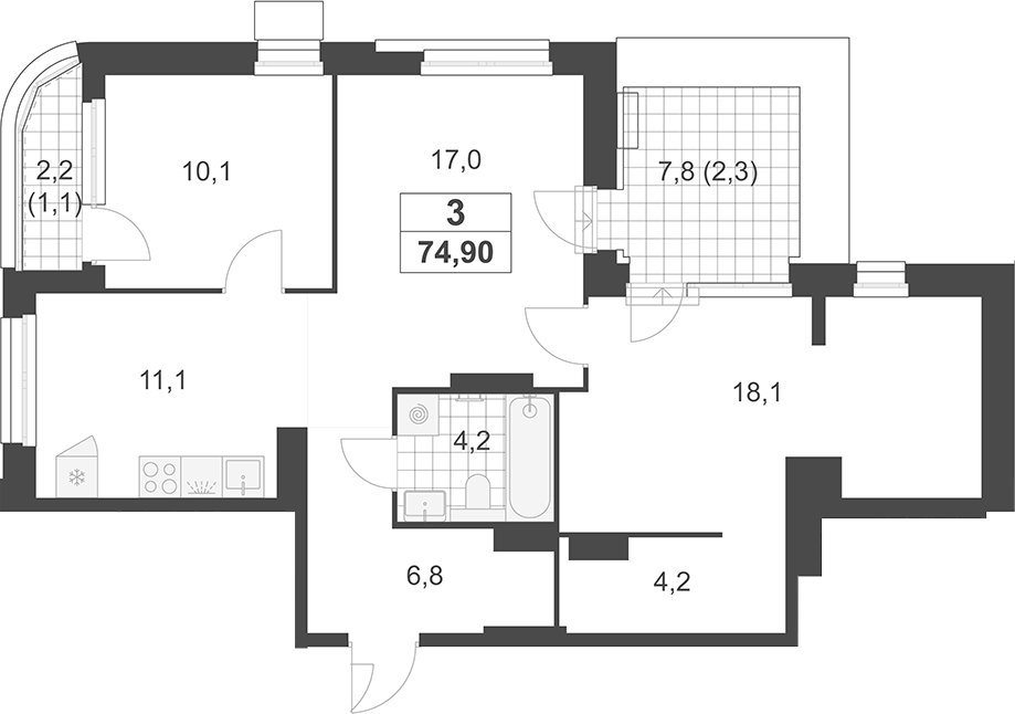 3-комн., 71.5 м², 18/19 этаж, ЖК «Южные сады»