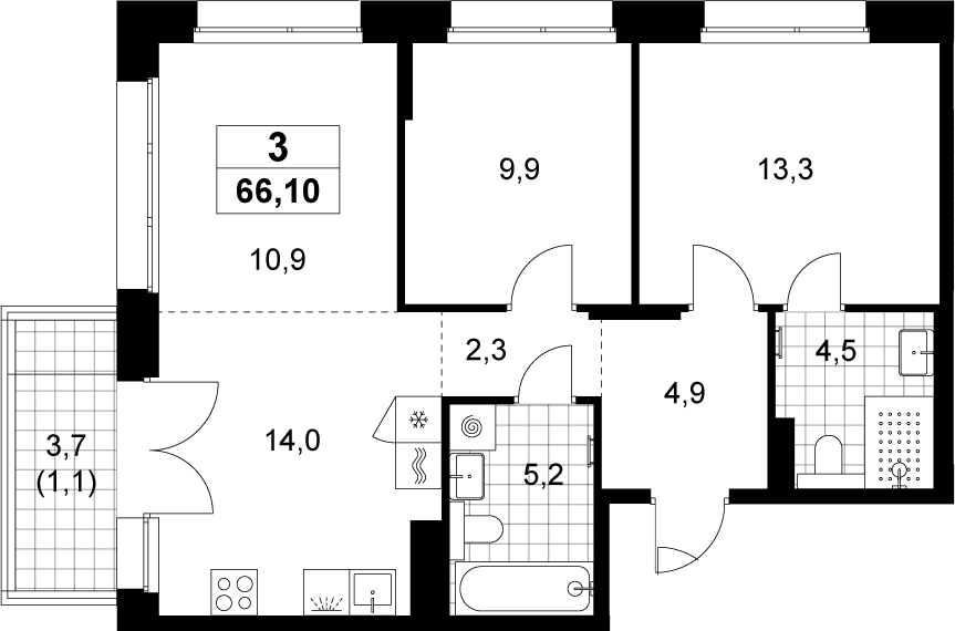 3-комн., 65 м², 14/15 этаж, ЖК «Хольм»