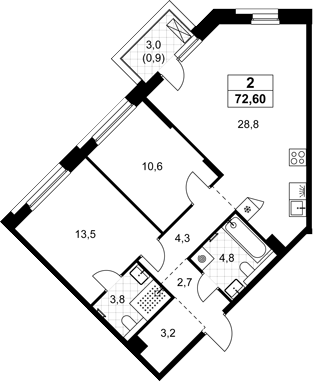 3-комн., 71.7 м², 4/15 этаж, ЖК «Хольм»