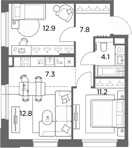 3-комн., 56.1 м², 1/6 этаж, ЖК «Станиславский»