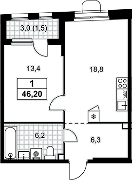 2-комн., 44.7 м², 3/10 этаж, ЖК «Прокшино»