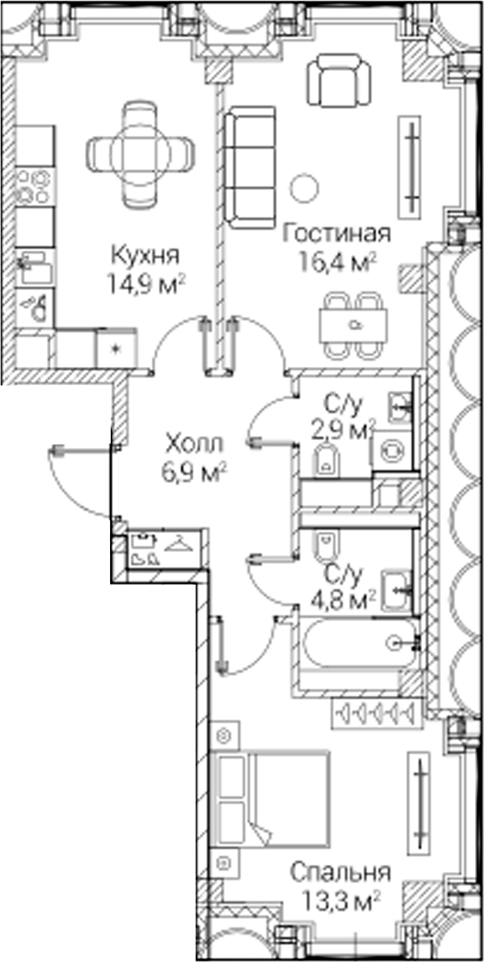 2-комн., 59.2 м², 6/6 этаж, ЖК «СЕЗАР БУДУЩЕЕ»