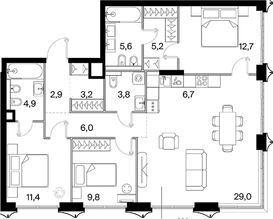 4+ комнаты, 98.8 м², 3/16 этаж, ЖК «26 ПАРКВЬЮ»