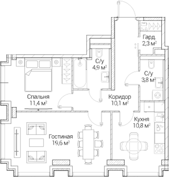2-комн., 62.87 м², 2/6 этаж, ЖК «СЕЗАР БУДУЩЕЕ»