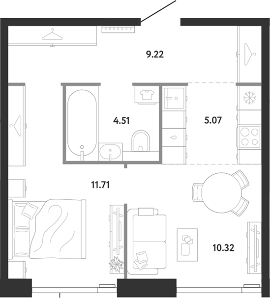 1-комн., 40.83 м², 10/12 этаж, ЖК «Ридж»