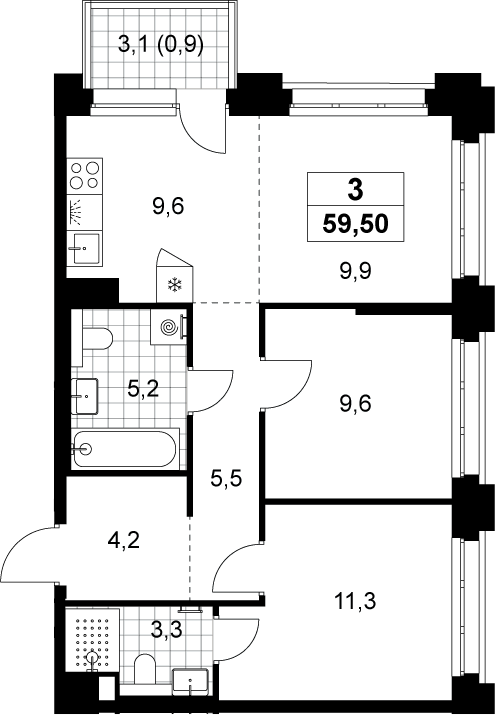 3-комн., 58.6 м², 5/13 этаж, ЖК «Хольм»