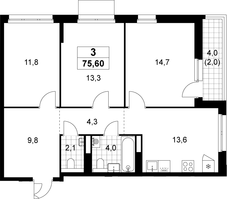3-комн., 73.6 м², 17/19 этаж, ЖК «Деснаречье»