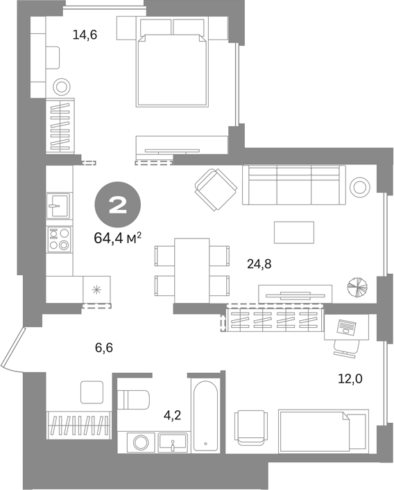 2-комн., 64.4 м², 17/17 этаж, ЖК «Первый квартал. Вторая очередь»