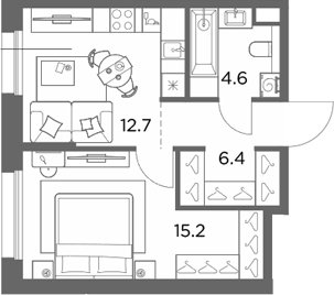 1-комн., 38.9 м², 2/6 этаж, ЖК «Станиславский»
