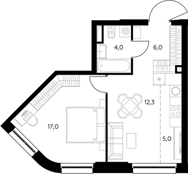 2-комн., 44.3 м², 22/43 этаж, ЖК «Адмирал»
