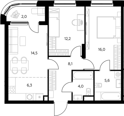 3-комн., 67.5 м², 28/43 этаж, ЖК «Адмирал»