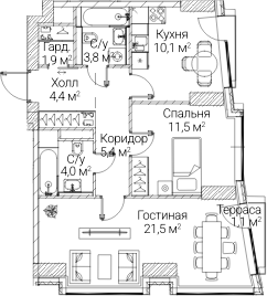 2-комн., 61.67 м², 18/60 этаж, ЖК «СЕЗАР БУДУЩЕЕ»