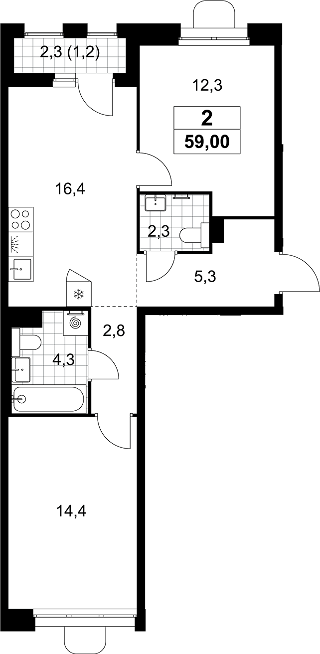 3-комн., 57.8 м², 8/10 этаж, ЖК «Прокшино»