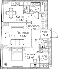 2-комн., 61.76 м², 17/60 этаж, ЖК «СЕЗАР БУДУЩЕЕ»