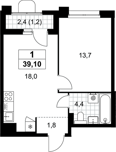 2-комн., 37.9 м², 7/7 этаж, ЖК «Прокшино»