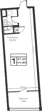 Студия, 37.2 м², 2/9 этаж, ЖК «Хако»