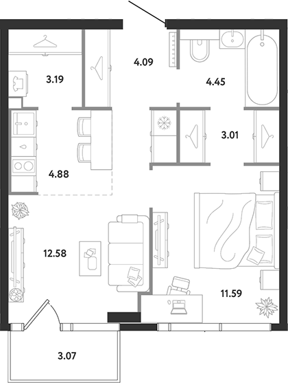 1-комн., 43.79 м², 17/24 этаж, ЖК «Ридж»