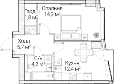 1-комн., 38.71 м², 5/60 этаж, ЖК «СЕЗАР БУДУЩЕЕ»