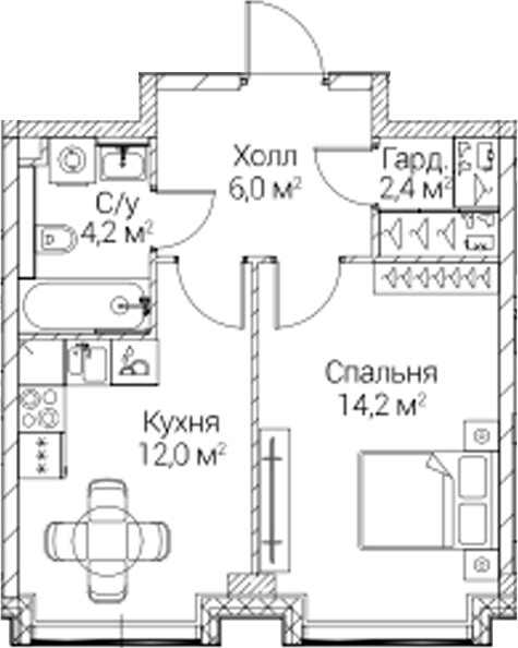 1-комн., 38.04 м², 2/6 этаж, ЖК «СЕЗАР БУДУЩЕЕ»