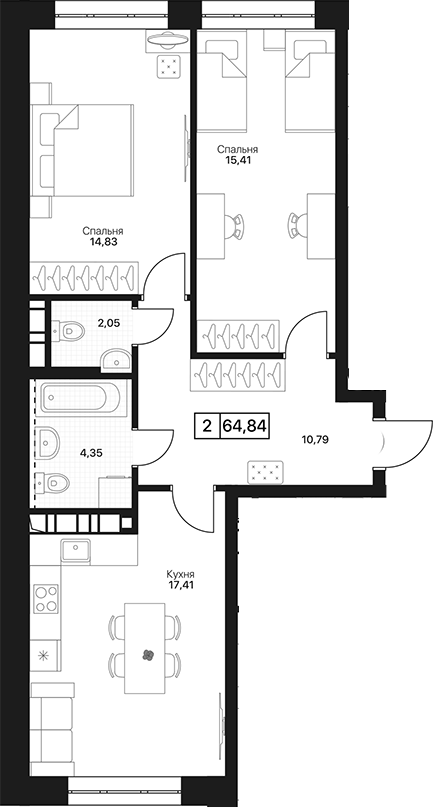 2-комн., 64.84 м², 2/13 этаж, ЖК «Пушкино Град»