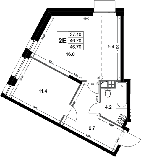 2-комн., 46.7 м², 2/3 этаж, ЖК «Кореневский Форт 2.3»