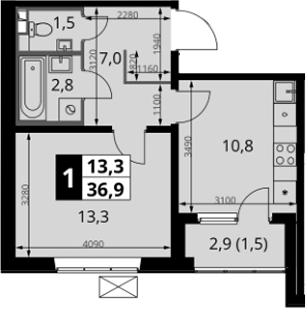 1-комн., 35.4 м², 7/24 этаж, ЖК «1-й Южный»