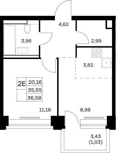 2-комн., 35.55 м², 9/32 этаж, ЖК «НОВА»
