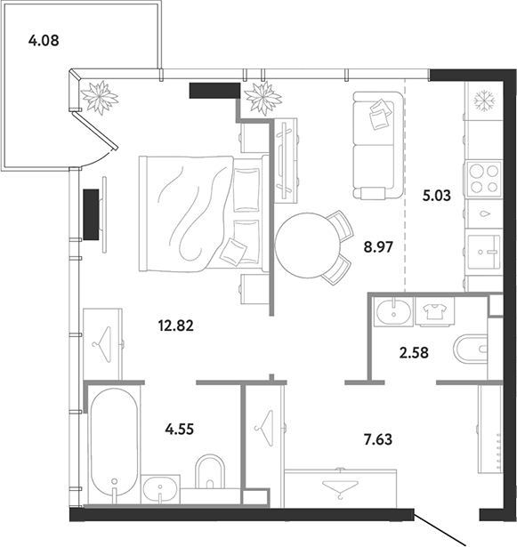 1-комн., 41.58 м², 21/26 этаж, ЖК «Ридж»
