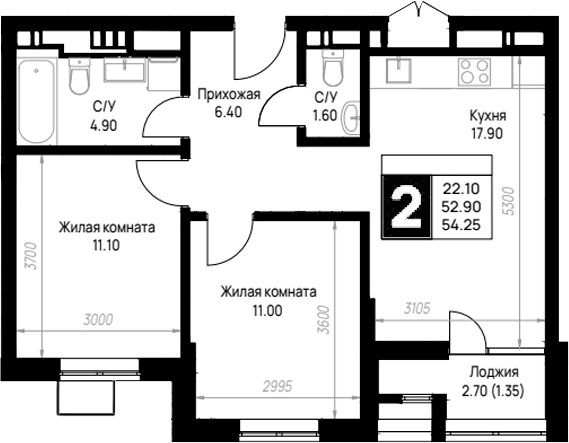 2-комн., 52.9 м², 8/9 этаж, ЖК «На высоком берегу»