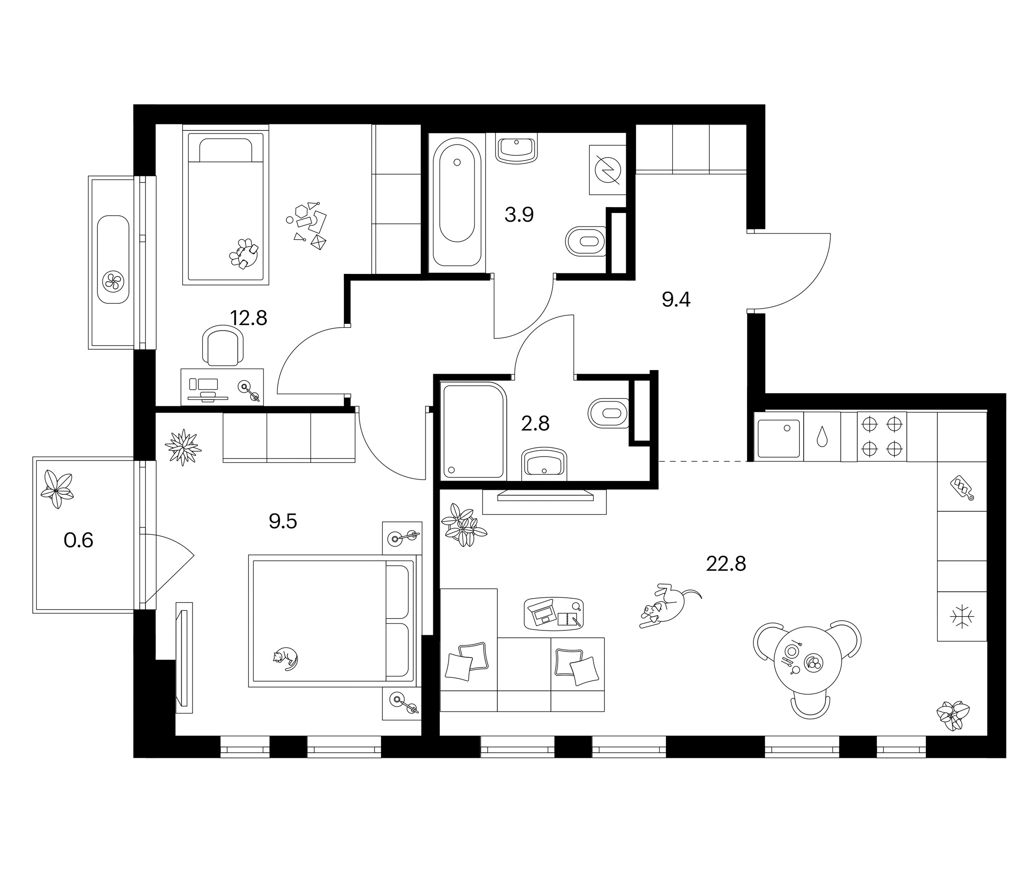 2-комн., 61.2 м², 10/10 этаж, ЖК «Зеленый парк»