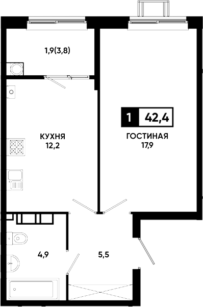 1-комн., 40.5 м², 5/23 этаж, ЖК «Резиденция Софи»