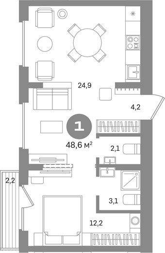 1-комн., 46.4 м², 6/6 этаж, ЖК «Первый квартал. Вторая очередь»