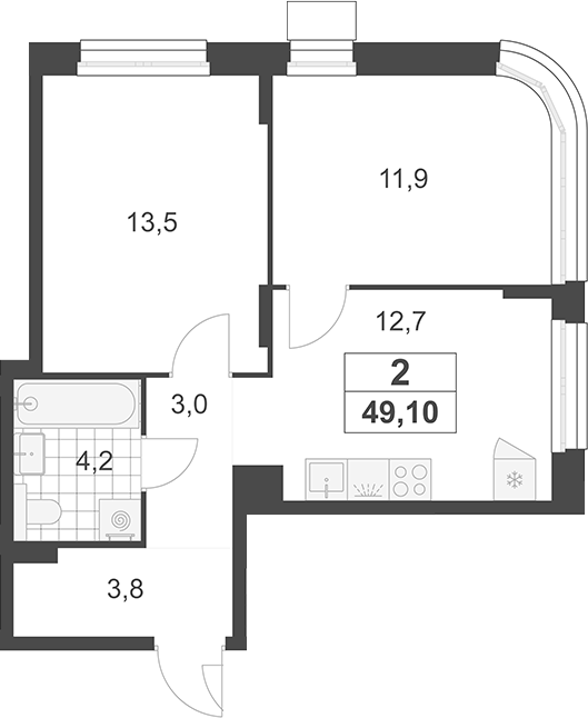 2-комн., 49.1 м², 5/19 этаж, ЖК «Южные сады»