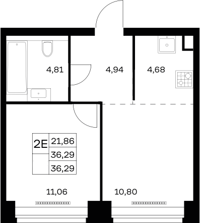 2-комн., 36.29 м², 26/32 этаж, ЖК «НОВА»