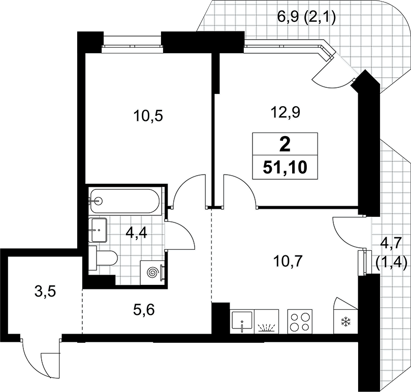 2-комн., 47.6 м², 7/10 этаж, ЖК «Прокшино»