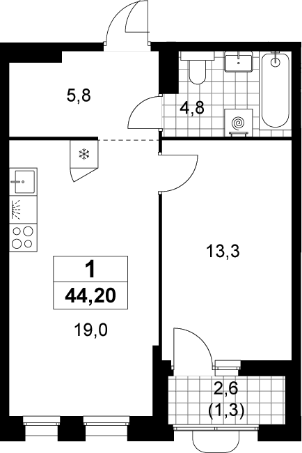 2-комн., 42.9 м², 11/14 этаж, ЖК «Прокшино»