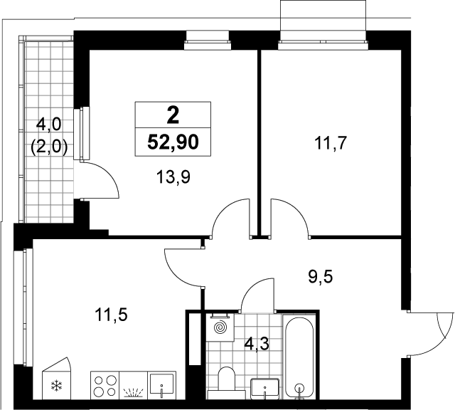 2-комн., 50.9 м², 10/19 этаж, ЖК «Деснаречье»