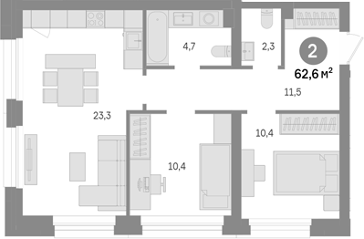 2-комн., 62.6 м², 9/43 этаж, ЖК «Квартал Издание»