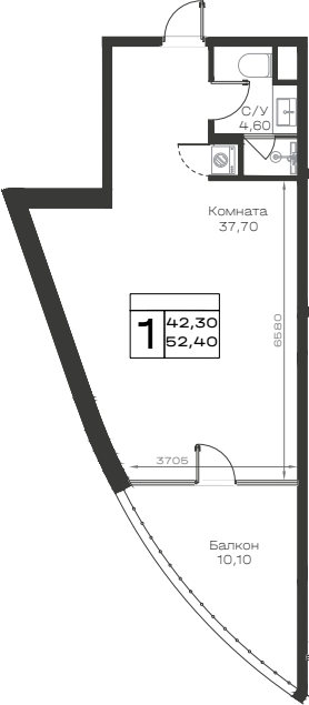Студия, 42.3 м², 5/9 этаж, ЖК «Хако»