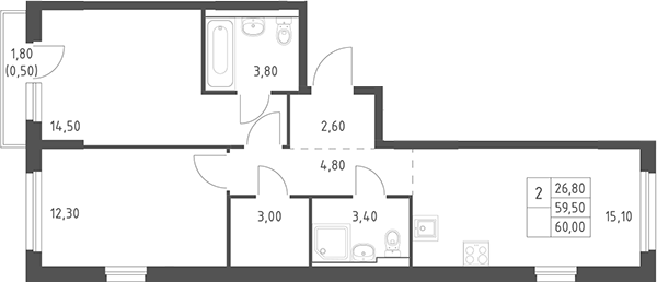 3-комн., 59.5 м², 8/20 этаж, ЖК «Химки Парк»