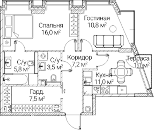 2-комн., 61.8 м², 33/41 этаж, ЖК «СЕЗАР БУДУЩЕЕ»