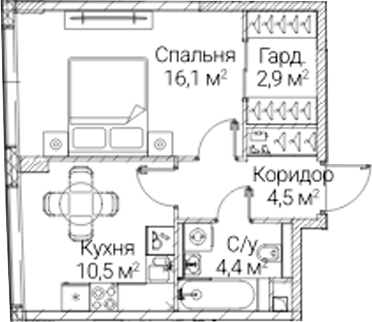 1-комн., 38.4 м², 39/41 этаж, ЖК «СЕЗАР БУДУЩЕЕ»