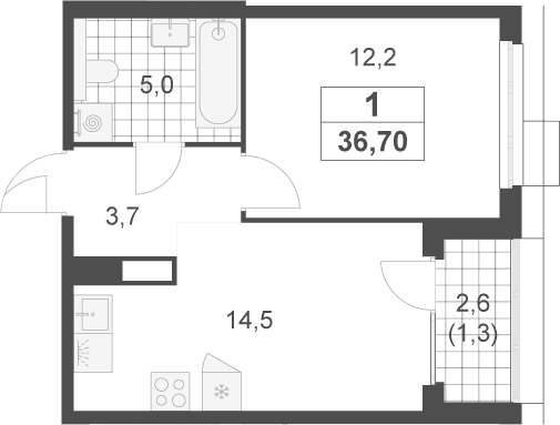 1-комн., 35.4 м², 10/17 этаж, ЖК «Скандинавия»